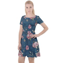 Vintage Flowers Pattern Cap Sleeve Velour Dress 