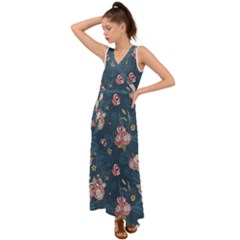 Vintage Flowers Pattern V-neck Chiffon Maxi Dress