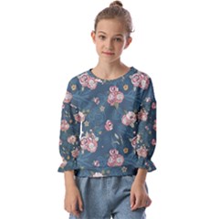 Vintage Flowers Pattern Kids  Cuff Sleeve Top