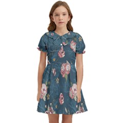 Vintage Flowers Pattern Kids  Bow Tie Puff Sleeve Dress