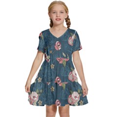 Vintage Flowers Pattern Kids  Short Sleeve Tiered Mini Dress