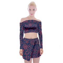 Seamless Space Pattern Off Shoulder Top With Mini Skirt Set