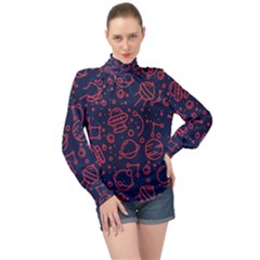 Seamless Space Pattern High Neck Long Sleeve Chiffon Top