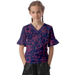 Seamless Space Pattern Kids  V-neck Horn Sleeve Blouse