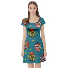 Mask Pattern Short Sleeve Skater Dress