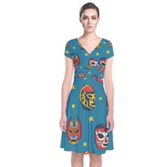 Mask Pattern Short Sleeve Front Wrap Dress