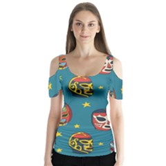 Mask Pattern Butterfly Sleeve Cutout Tee 