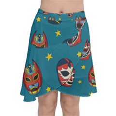 Mask Pattern Chiffon Wrap Front Skirt