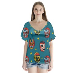 Mask Pattern V-neck Flutter Sleeve Top