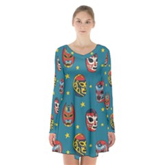 Mask Pattern Long Sleeve Velvet V-neck Dress