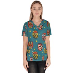 Mask Pattern Women s V-neck Scrub Top