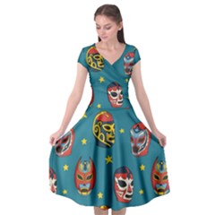 Mask Pattern Cap Sleeve Wrap Front Dress