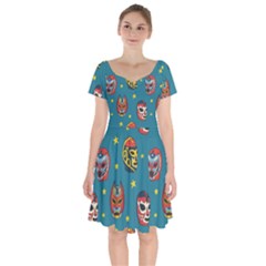 Mask Pattern Short Sleeve Bardot Dress