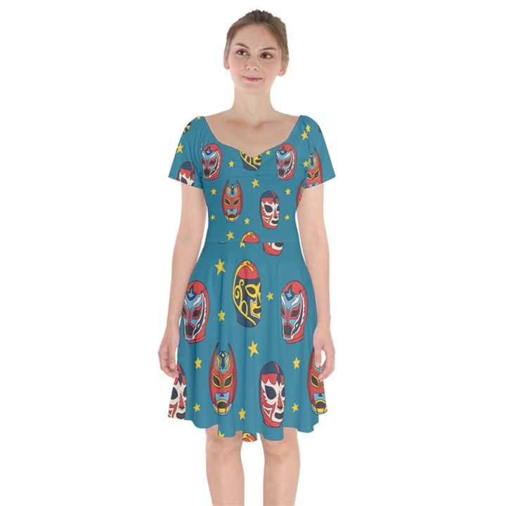 Mask Pattern Short Sleeve Bardot Dress