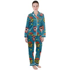 Mask Pattern Satin Long Sleeve Pajamas Set