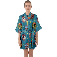 Mask Pattern Half Sleeve Satin Kimono 