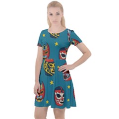 Mask Pattern Cap Sleeve Velour Dress 