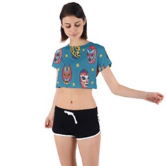 Mask Pattern Tie Back Short Sleeve Crop Tee