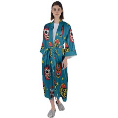 Mask Pattern Maxi Satin Kimono