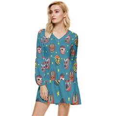 Mask Pattern Tiered Long Sleeve Mini Dress