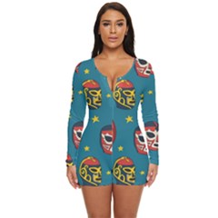 Mask Pattern Long Sleeve Boyleg Swimsuit