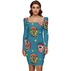 Mask Pattern Women Long Sleeve Ruched Stretch Jersey Dress