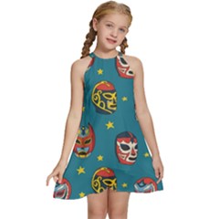 Mask Pattern Kids  Halter Collar Waist Tie Chiffon Dress