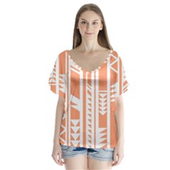 Tribal-pattern V-neck Flutter Sleeve Top