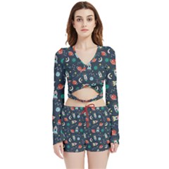 Cute-patterns- Velvet Wrap Crop Top And Shorts Set