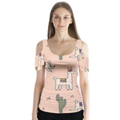 Llamas+pattern Butterfly Sleeve Cutout Tee 