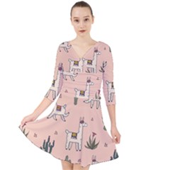 Llamas+pattern Quarter Sleeve Front Wrap Dress