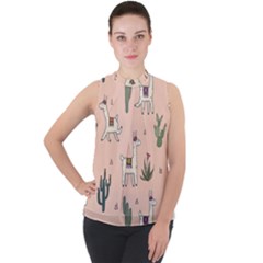 Llamas+pattern Mock Neck Chiffon Sleeveless Top