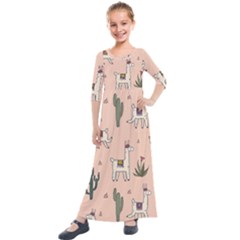 Llamas+pattern Kids  Quarter Sleeve Maxi Dress