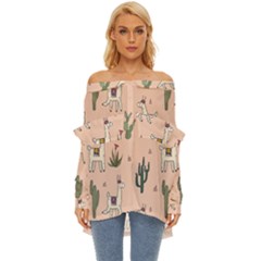 Llamas+pattern Off Shoulder Chiffon Pocket Shirt