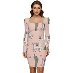 Llamas+pattern Women Long Sleeve Ruched Stretch Jersey Dress