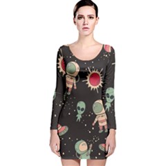 Space Pattern Cartoon Long Sleeve Velvet Bodycon Dress