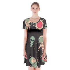 Space Pattern Cartoon Short Sleeve V-neck Flare Dress