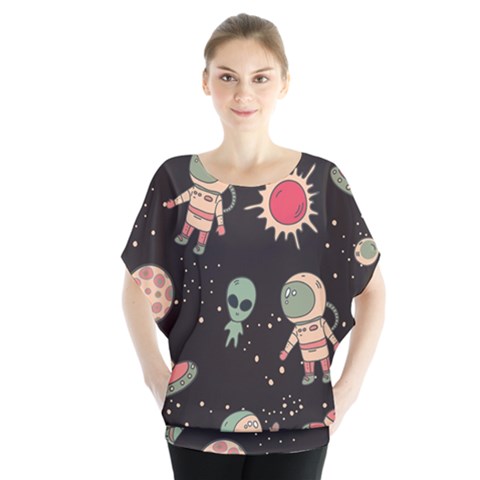 Space Pattern Cartoon Batwing Chiffon Blouse by Jancukart