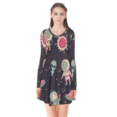 Space Pattern Cartoon Long Sleeve V-neck Flare Dress