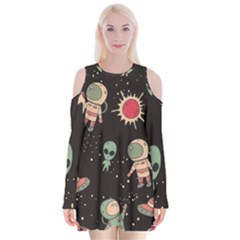 Space Pattern Cartoon Velvet Long Sleeve Shoulder Cutout Dress