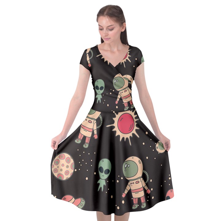 Space Pattern Cartoon Cap Sleeve Wrap Front Dress