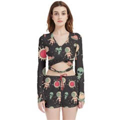 Space Pattern Cartoon Velvet Wrap Crop Top And Shorts Set