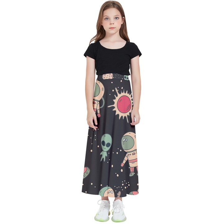 Space Pattern Cartoon Kids  Flared Maxi Skirt