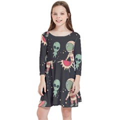 Space Pattern Cartoon Kids  Quarter Sleeve Skater Dress by Jancukart