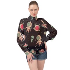 Space Pattern Cartoon High Neck Long Sleeve Chiffon Top