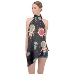 Space Pattern Cartoon Halter Asymmetric Satin Top