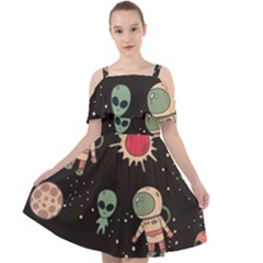 Space Pattern Cartoon Cut Out Shoulders Chiffon Dress