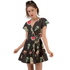 Space Pattern Cartoon Flutter Sleeve Wrap Dress