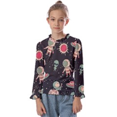 Space Pattern Cartoon Kids  Frill Detail Tee