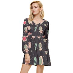 Space Pattern Cartoon Tiered Long Sleeve Mini Dress